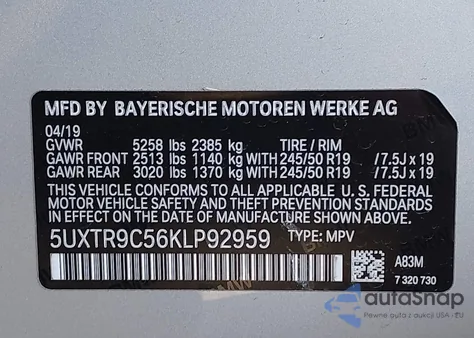 2019 BMW X3 xDrive30I из США, поврежденный, VIN 5UXTR9C56KLP92959